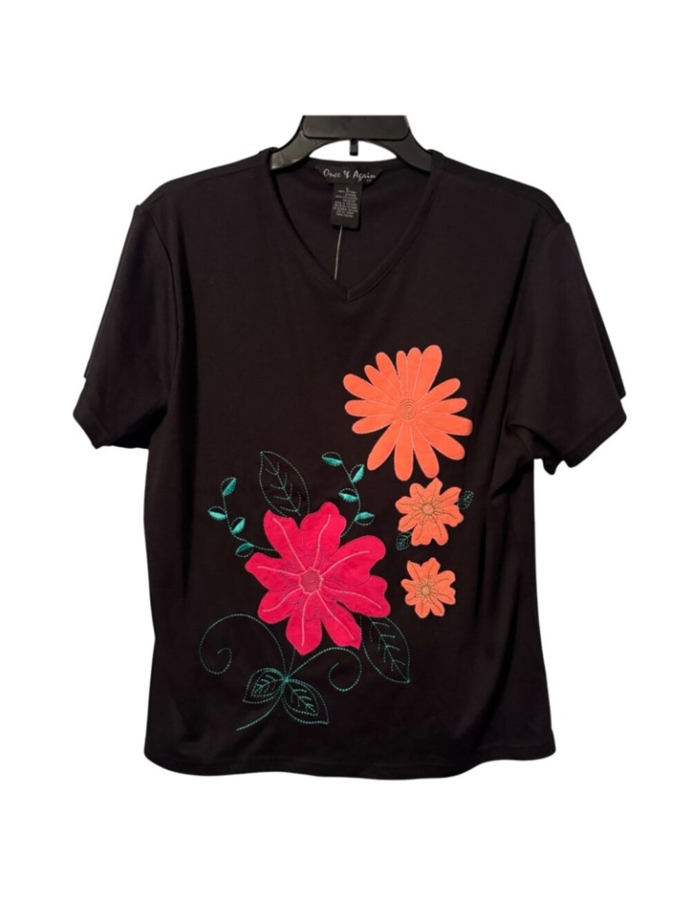 Once & Again Womens Black V-Neck Floral Embroidered T-Shirt Sz L Cotton/Polyeste - Picture 2 of 12